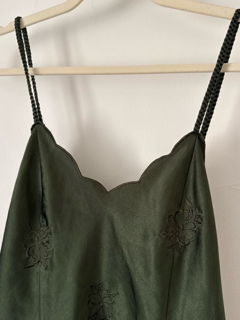 Scalloped Olive Green Slip Dress with Braided Straps